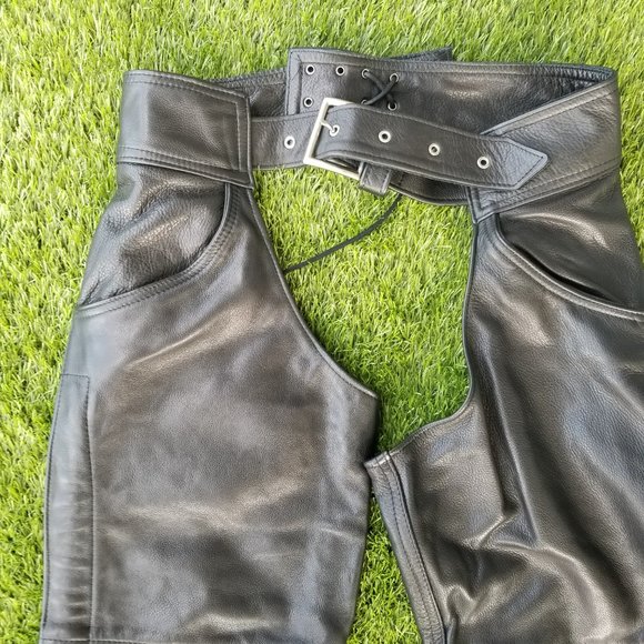 USA VINTAGE LEATHER MOTORCYCLE CHAPS. Uni-sex. Adjustable with pockets 20" thigh - Picture 11 of 16